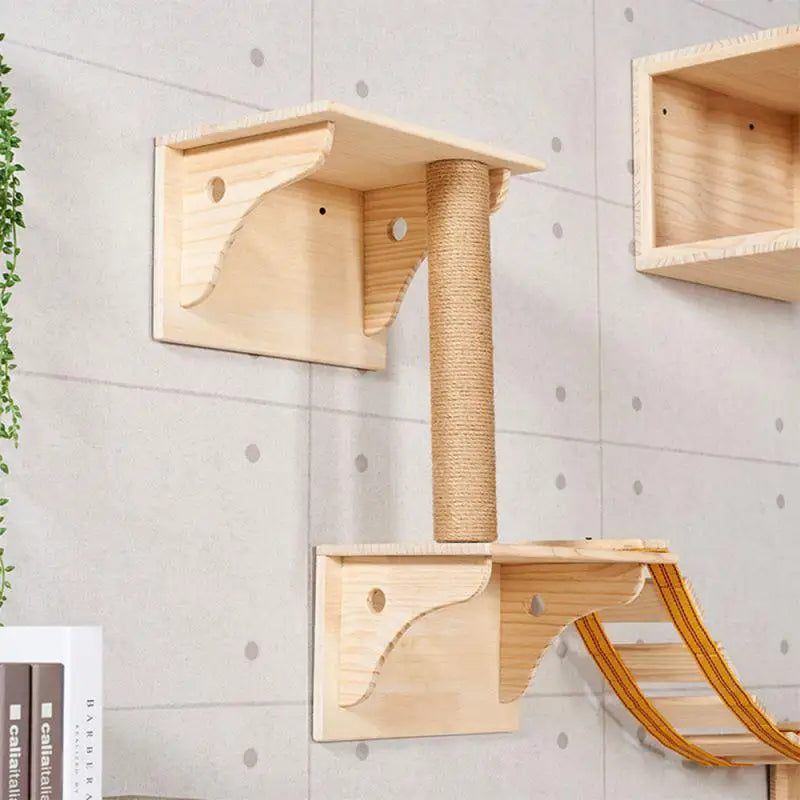 Solid Wood Wall Mounted Cat Tree Double Layered Jumping Platform Ladder Cat Hammock Furniture Cat Climbing Frame