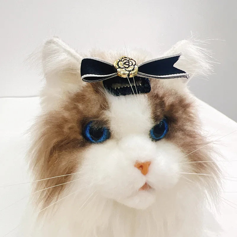 Elegant Black Chihuahua Dog Accessories Pearl Floral Party Hairpins for Kittens Long Hair Wear Bow Tie Necklace Pet Products