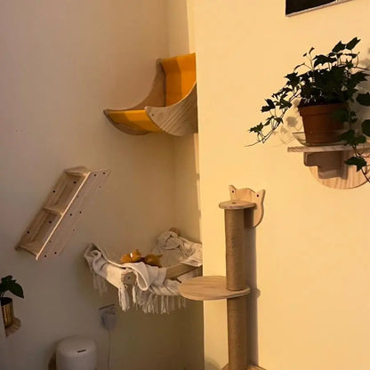 Cat Tree Wall Mounted Cat Climbing Wooden Shelves Cat Hammock and Scratching Post Cat Wall Indoor Furniture for Perch and Rest