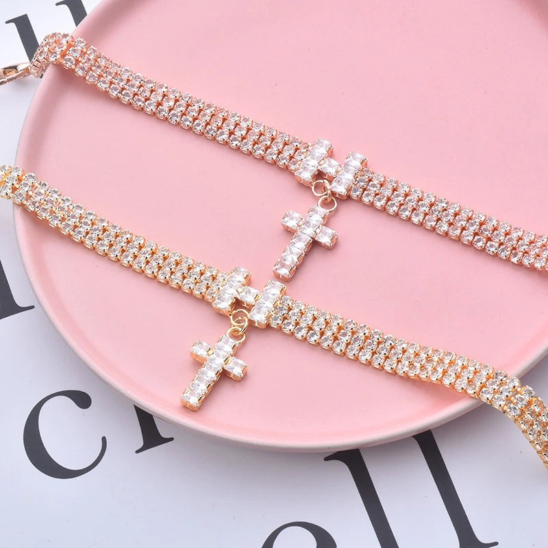 AAA Zircon Cross Cat Accessories Pet Necklace Adjustable Rose Gold Collar for Small Medium Puppy All Season Birthday Neck Gear