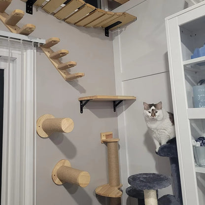 Cat Climbing Shelf Furniture Wall Mounted Cat Hammock and Wooden Stairway with Scratching Post for Cats Indoor Playing and Rest