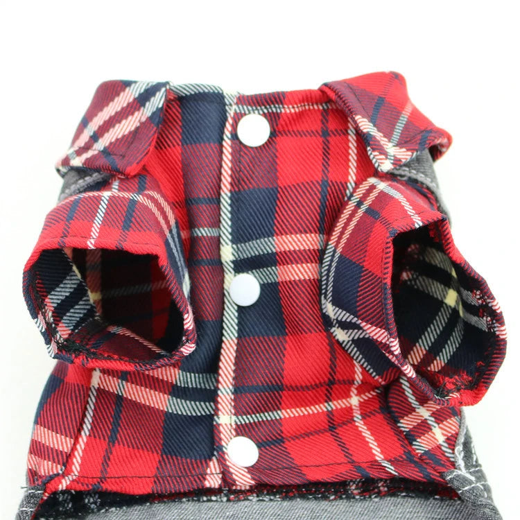 Black Dog Denim Jumpsuit Plaid Shirt Overalls for Dogs, Spring Clothes for Small Dogs Puppy Yorkie Jeans Jacket Pet Apparel