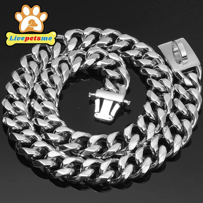 Stainless Steel Dog Collar Choker, Solid Buckle Metal Cuban Link Chain, Luxury Pets Necklace for Dog Walking, Heavy Duty