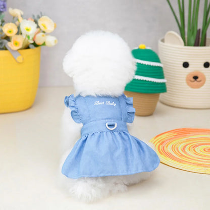 Dog Dress for Small Dogs Girl Clothes Dog Denim Dress Puppy Skirts Summer Pet Dress with Harness Hole for Small Medium Dogs Cats