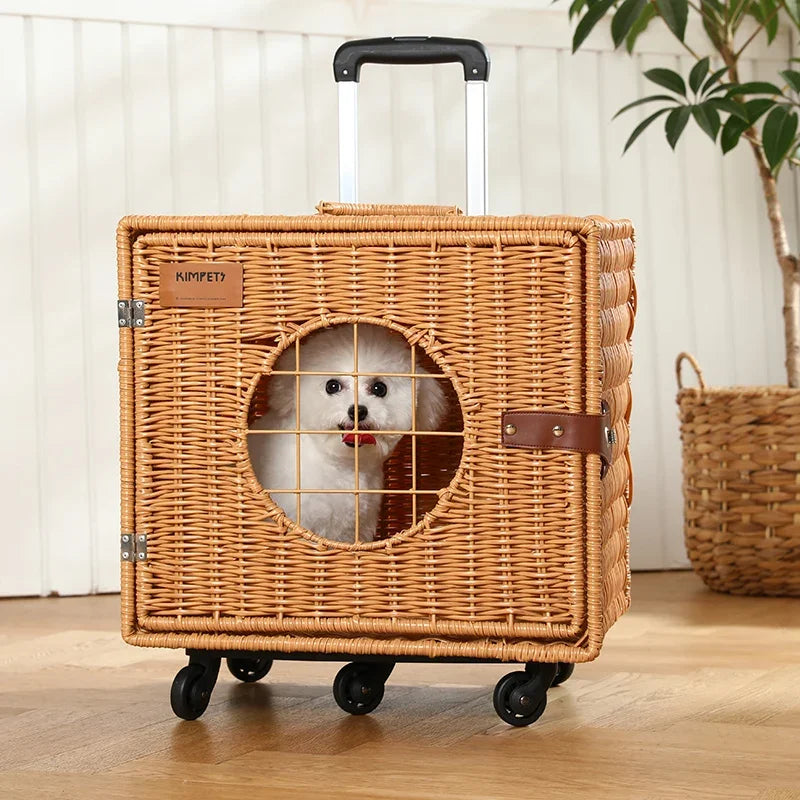 Cat Carrier Suitcase with Wheels for Pet Travel, knit Hard Cat Carrier Luggage with Mat and Telescopic Handle