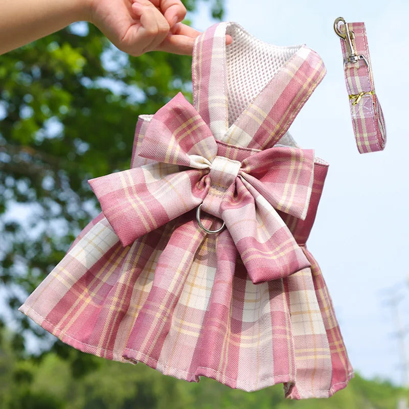 Pet Jk Plaid Dress Dog Harness and Leash Set Bow Skirt Kitten Puppy Vest Luxury Dog Clothes Chihuahua Dog Outfits Bichon Items