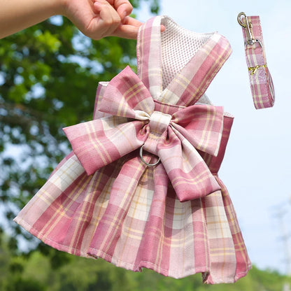 Pet Jk Plaid Dress Dog Harness and Leash Set Bow Skirt Kitten Puppy Vest Luxury Dog Clothes Chihuahua Dog Outfits Bichon Items