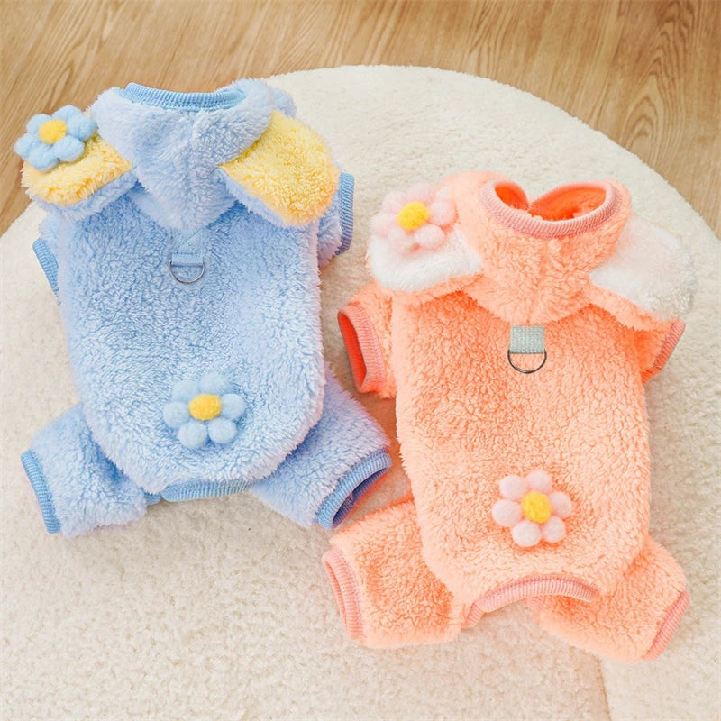 Soft Flannel Pet Dog Clothes Light Blue Solid Flower Winter Overalls for Cats New Year Cosplay Chihuahua Coat Kitten Sweatshirts