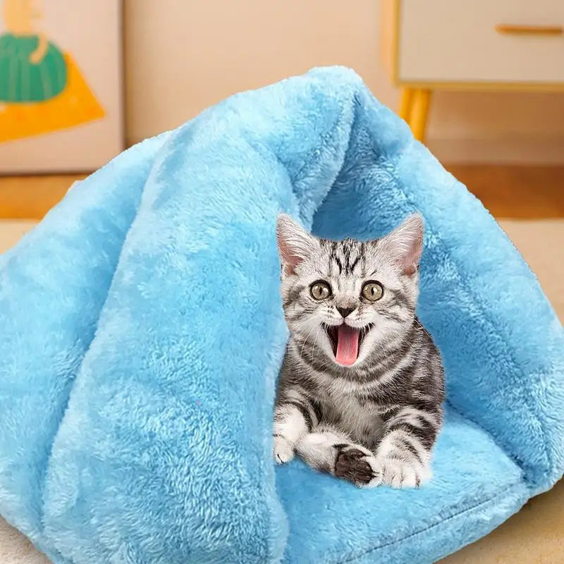 Hooded Cat Bed Cave Soothing Triangular Plush Cave Bed Cat Tent Semi-Open Winter Pet Supplies Creative Non-Slip Bottom For Pets