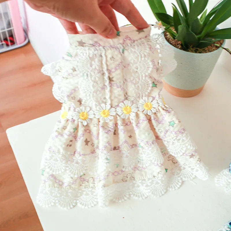 Floral Summer Clothes for Small Dogs Short Sleeve Lace Pink Sphinx Cat Dresses Princess Party Wear Breathable Pet Clothing