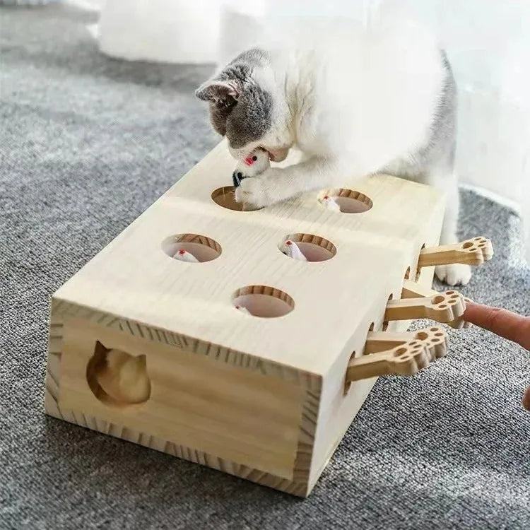 Funny Cat Hunt Puzzle Toy Wooden Maze Pet Hit Hamster Catch Bite Interactive Toys With 5-holed Mouse Holes Cats Toy Pet Supplies