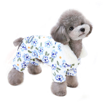 Thicken Warm Padded Dog Jumpsuit for Small Dogs, Chinese Style Floral Pattern Pet Costume Sherpa Lined Dog Winter Clothes