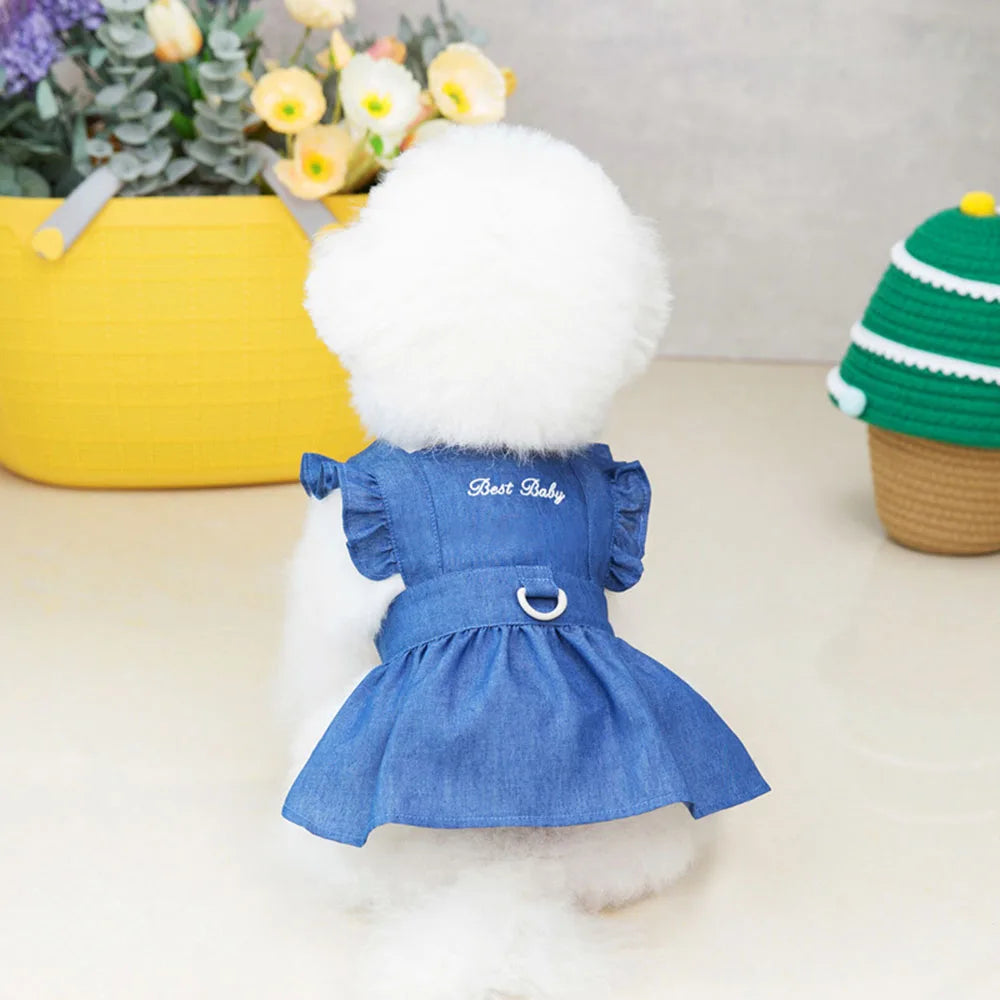 Dog Dress for Small Dogs Girl Clothes Dog Denim Dress Puppy Skirts Summer Pet Dress with Harness Hole for Small Medium Dogs Cats