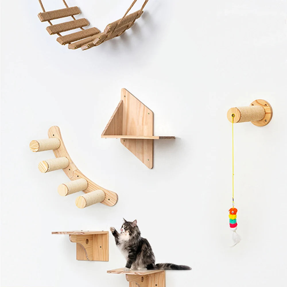 Cat Tower Tree Wall Mounted Wooden Climbing Shelf for Cat Bed and Scratcher Post,  Ladder, Widen Steps for Kitten Play & Rest