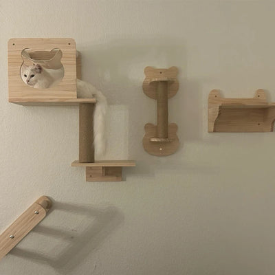 Wall Mounted Cat Climbing Shelves Cat House Cat Bridge Cat Hammock with Scratching Post and Pedals or Stairway for Kittens