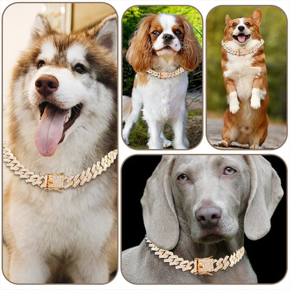 15MM Wide Diamond Luxury Necklace for cat dogs Bling  Jewelry Dog Chain Collar Cuban link Gold Chains for small medium Dogs pet