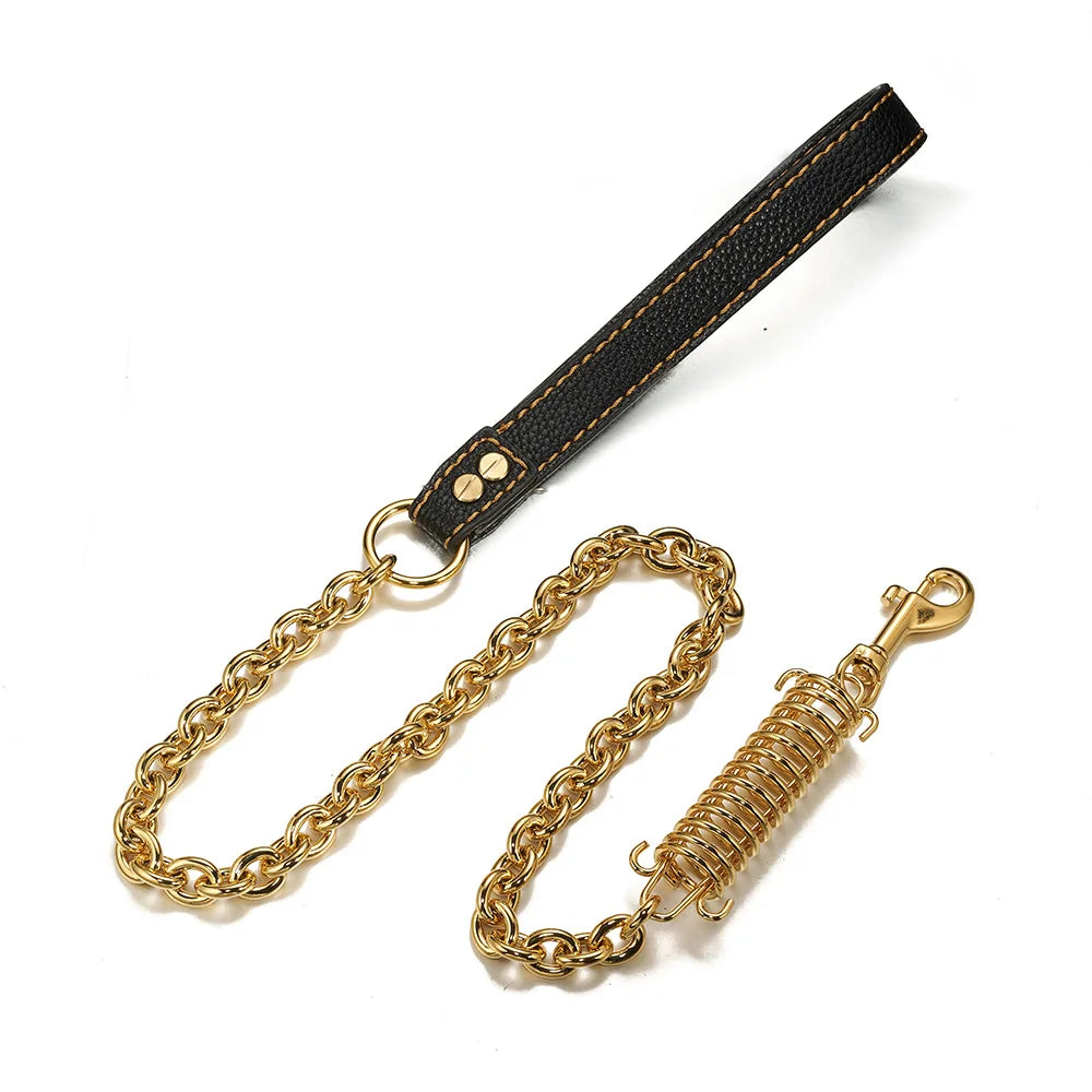 Stainless Steel Dog Chain Leash Cuban Link Luxury Gold Chain Buffer Spring Labor-Saving Genuine Leather Handle for Large Dogs