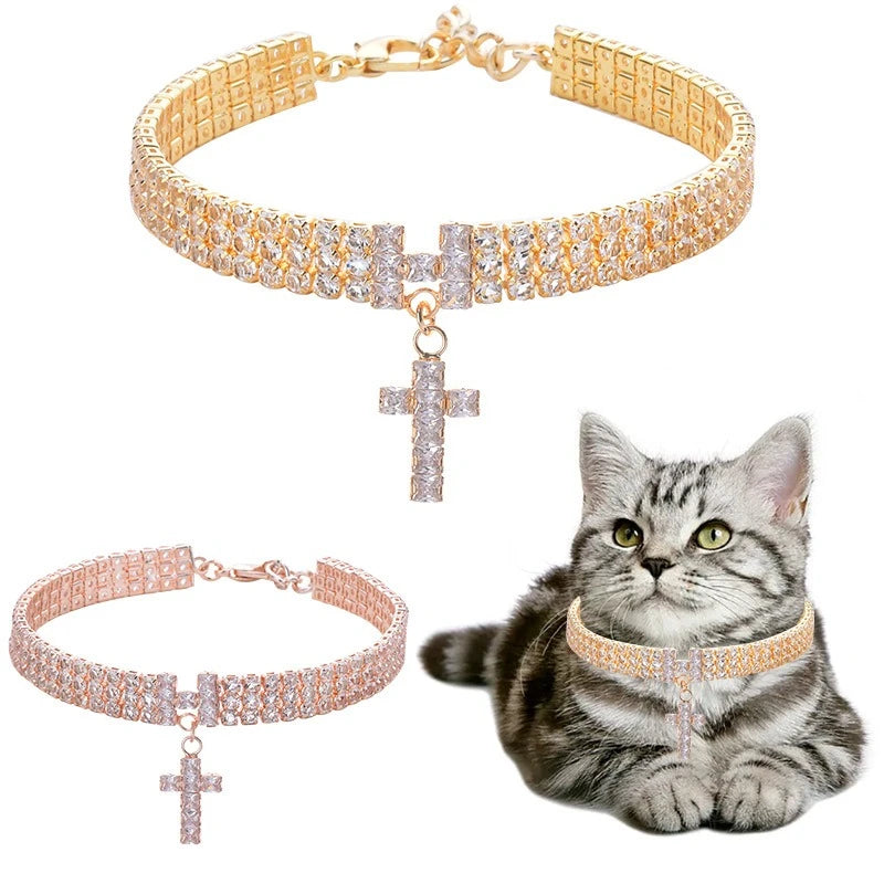 AAA Zircon Cross Cat Accessories Pet Necklace Adjustable Rose Gold Collar for Small Medium Puppy All Season Birthday Neck Gear