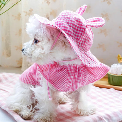 Pastoral Style Plaid Cat Hat Cute Ears Sunshade Cap for Dogs Summer Pet Headwear Unisex Outdoor Hats Chihuahua Dogs Accessories