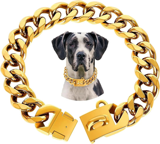 23MM Gold Dog Collar,Dog Chain Collars with Cuban Link Dog Collar,Heavy Duty Training Collar Chew Proof for Medium Dogs