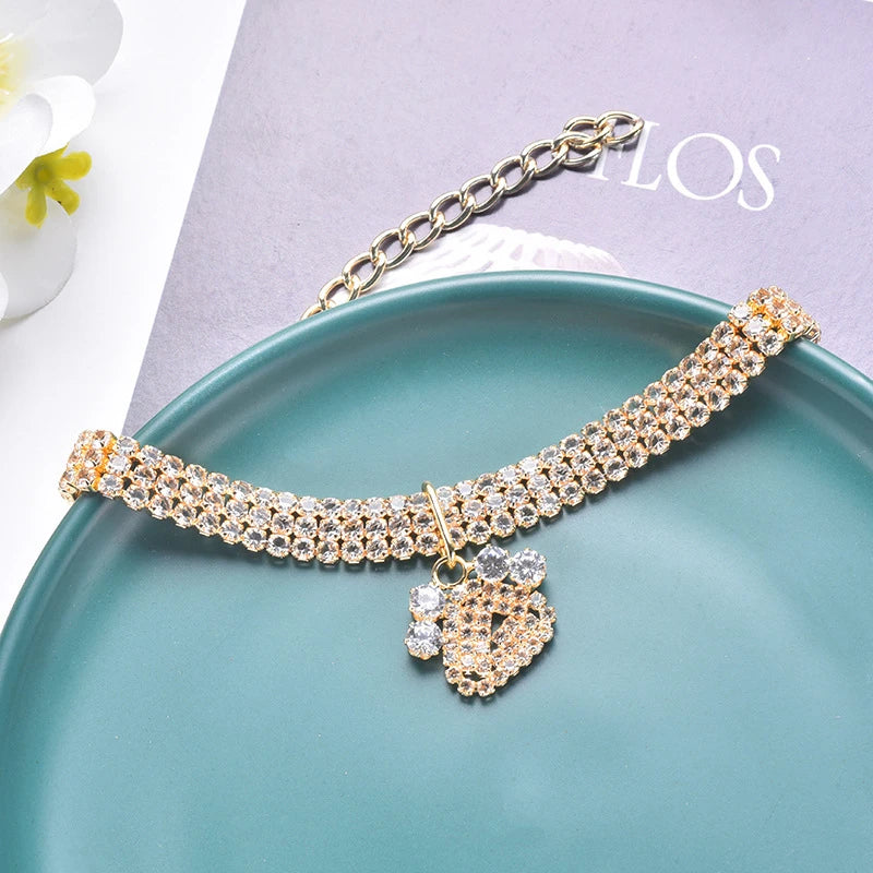 Fancy Summer Pet Dog Collars Alloy Rose Gold Zircon Footprint Pendant Necklace for Cats Luxury Designer Pet Neck Accessories
