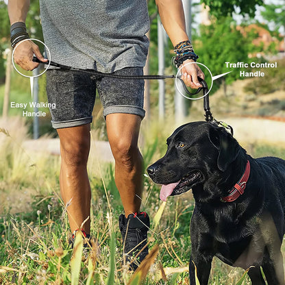 Tactical Retractable Dog Leash, Reflective Shock Absorbing, Quick Release Clip Double Handle with Car Seatbelt, for Large Dogs