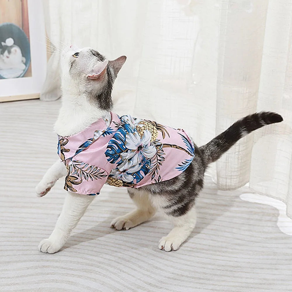 Summer Dog Shirt Hawaiian Beach Pet Clothing Coconut Tree Flower Print Puppy T-Shirt for Small Dogs Cats Vest Camp Shirt for Pug