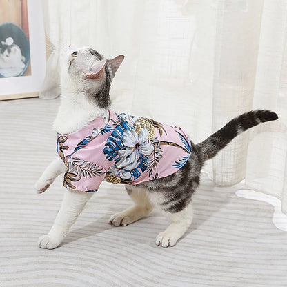Summer Dog Shirt Hawaiian Beach Pet Clothing Coconut Tree Flower Print Puppy T-Shirt for Small Dogs Cats Vest Camp Shirt for Pug