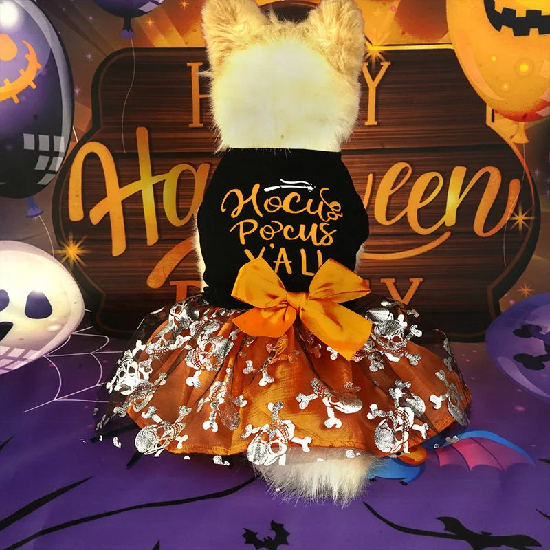 Halloween Dog Costume Funny Dog Clothes Pumpkin Print Pet Dress Chihuahua Bichon Clothing Bow Lace Festival Skirt Cat Dresses