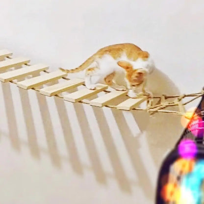 1PC Wall Mounted Cat Climbing Shelf Cat Sisal Wooden Ladder Bridge with Hammock and Jumping Platform for Kitten Playing and Rest