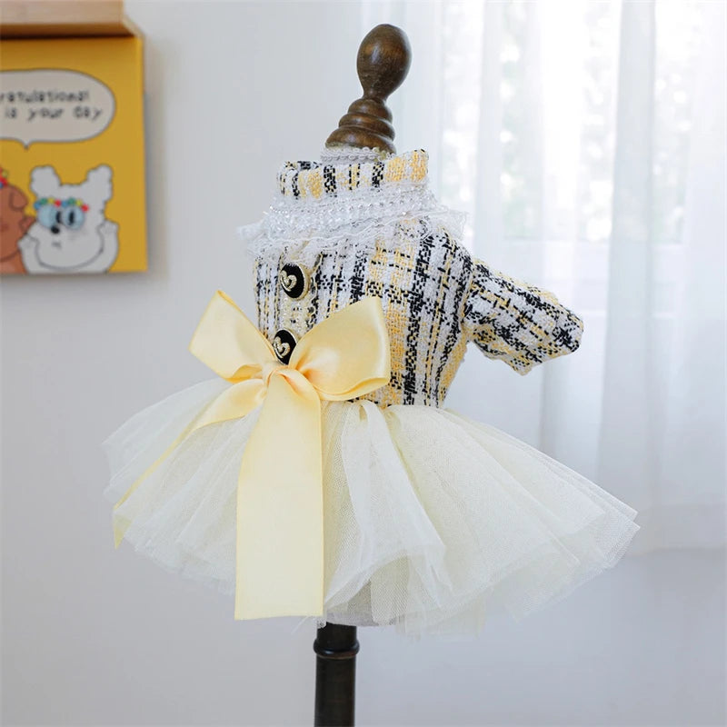 Yellow Ribbon Dresses for Dogs Sweet Dream Princess Autumn Pet Skirt French Bulldog Overalls Lattice Yellow Warm Cat Clothing