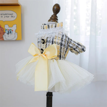 Yellow Ribbon Dresses for Dogs Sweet Dream Princess Autumn Pet Skirt French Bulldog Overalls Lattice Yellow Warm Cat Clothing
