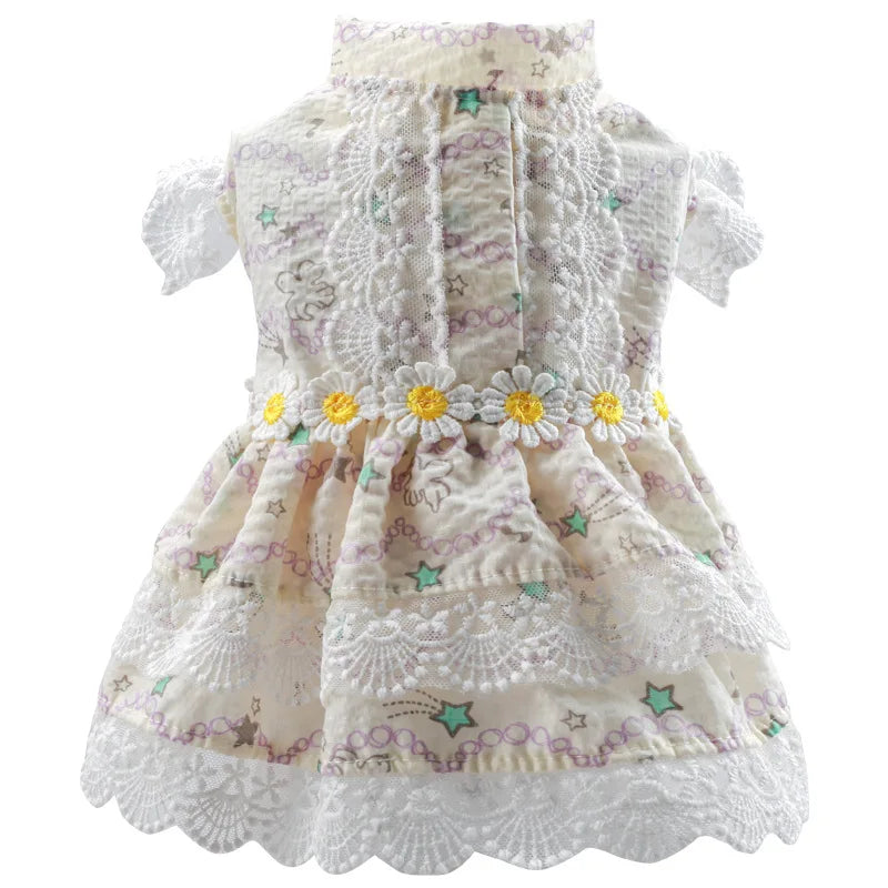 Floral Summer Clothes for Small Dogs Short Sleeve Lace Pink Sphinx Cat Dresses Princess Party Wear Breathable Pet Clothing