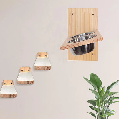 4 Pieces Wooden Wall Mounted Cat Bowl with Small Cat Jumping Pedal for Kitten Climbing and Eating Indoor Pet Furniture