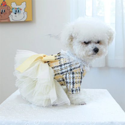 Yellow Ribbon Dresses for Dogs Sweet Dream Princess Autumn Pet Skirt French Bulldog Overalls Lattice Yellow Warm Cat Clothing
