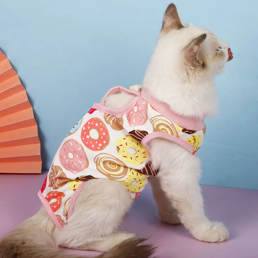 Cat Sleeveless Shirt Cat Recovery Suit Breathable E-Collar Alternative Vest for Cat Small Puppy Cute Printed Cotton Pet Clothes