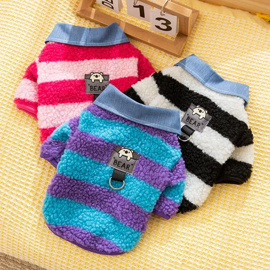 Velvet Warm Pet Cat Sweatshirts Chihuahua Half Sleeve Denim Collar Designer Striped Puppy Winter Clothes Soft Overalls for Yorks