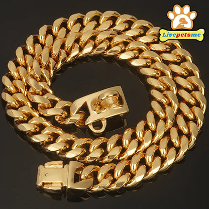 Strong Stainless Steel Dog Collar Choke with Safety Buckle Lock Golden Cuban Link Chain Metal Necklace Training Collar for Pets