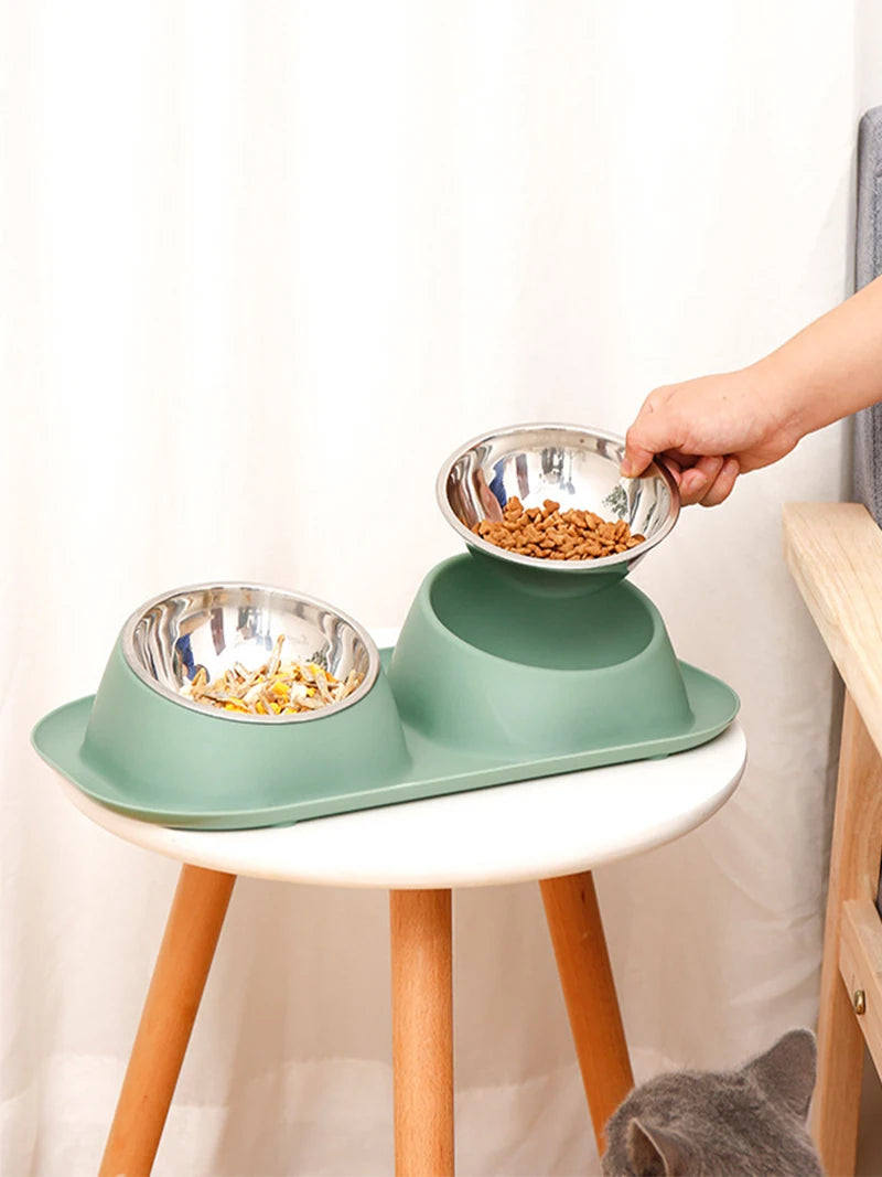 Ergonomic Inclined Cat Feeder Bowl Stainless Steel Raised Silicone Dog Bowl For Dogs Large No Spill Pet Mat Cat Food Supplies