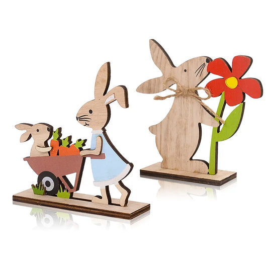 2025 Easter Wooden Rabbit Ornaments Standing Bunny with Flower for Spring Easter Party Home Table Decoration DIY Crafts Supplies