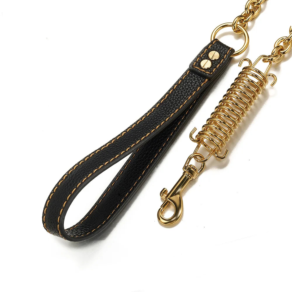 Stainless Steel Dog Chain Leash Cuban Link Luxury Gold Chain Buffer Spring Labor-Saving Genuine Leather Handle for Large Dogs