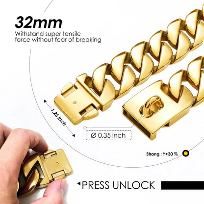 Strong 32mm Wide Gold Dog Chain Collars  Heavy Stainless Steel Dogs Choker Pitbull Gold Dog Necklace For Large Huge Dogs