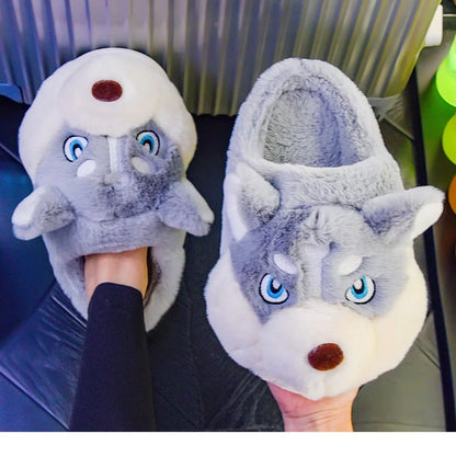 Winter Home Couple Shoes Women's Fluffy Dog Slippers Girl Animal Fur Slides Kawaii Funny Furry Shoes Woman Plush Booties Slipper