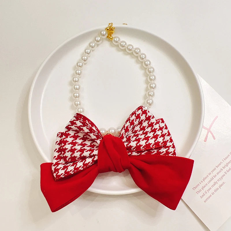 Pearl Chain Pet Dog Necklace Christmas Red Bow Tie Neck Accessories for Small Medium Puppy Romantic Lace Adjust Cat Accessories