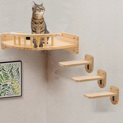 1PC Wall Mounted Cat Tree Cat Climbing Wooden Shelf Climbing Hammock Set Scratching Post and Ladder for Cats Playing&Sleeping