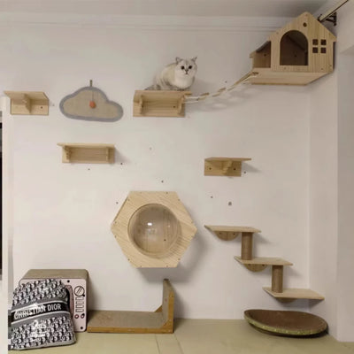 Cat Tower Cat Climbing Shelves Perch For Cat Hammock Wooden Bridge Four-step Ladders Sisal Steps & Post For Cat Play & Climb
