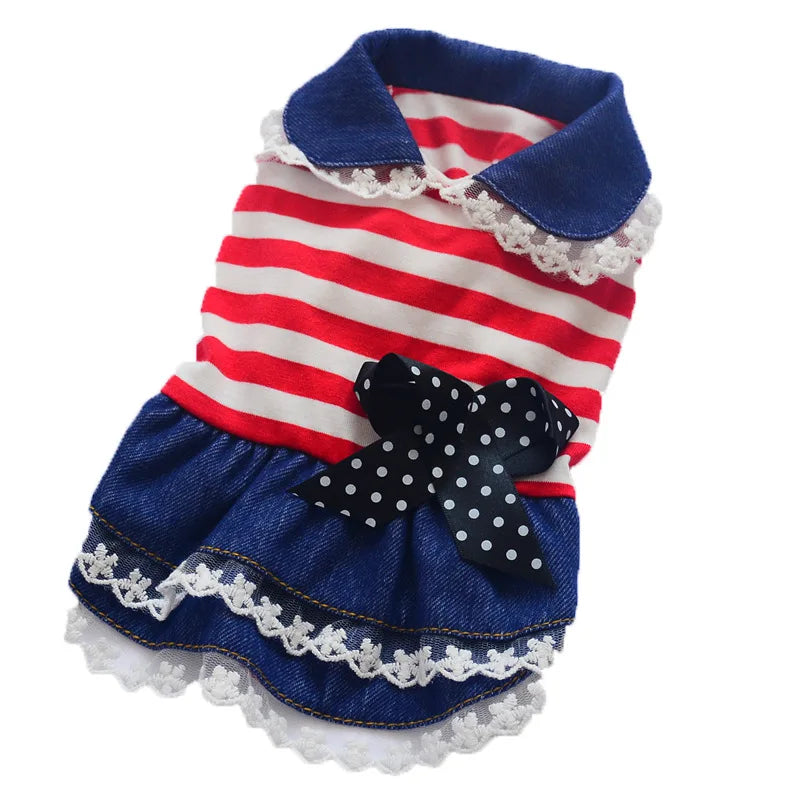 Puppy Dog Pet Stripe Costume Princess Dress Lace Pleated Lapel Stripe Bownot Princess Dress Denim Skirt XS-L Pet Supplies