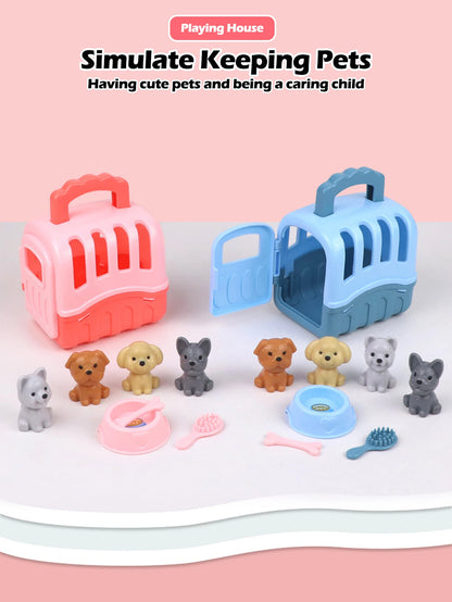 8pcs/set Cute Dog Pet Basket Family Toys Dog Doll Set Dog Cage Toys Scene Playing Toys Christmas Decoration Gifts