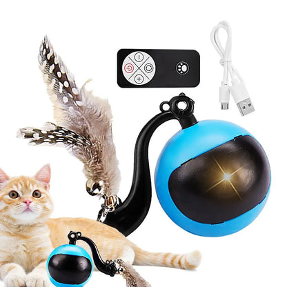Smart Ball Cat Toy Cat Power Ball with Feather Tails Moving Cat Toy with LED Light and Sound Kitten Exercise Hunting Toys