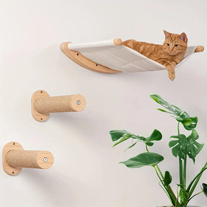 Solid Wood Wall-mounted Cat Climbing Frame Set with Cat Sleeping Nest Cat Tree and Wall Hanging Climbing Column for Kitten